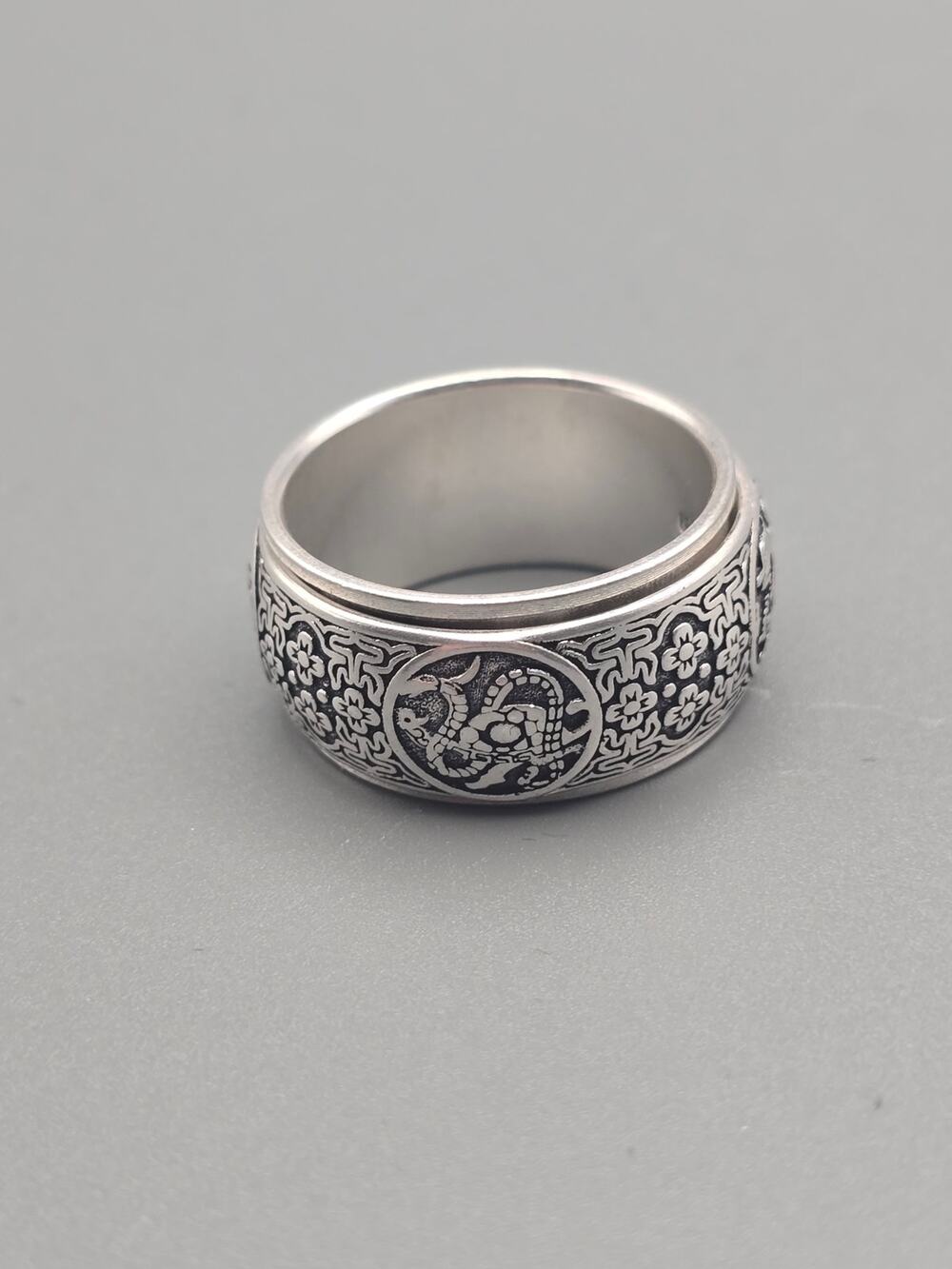 Silver Auspicious Four Divine Beasts Spinner Ring Wide Lucky Band Size 8.5-11